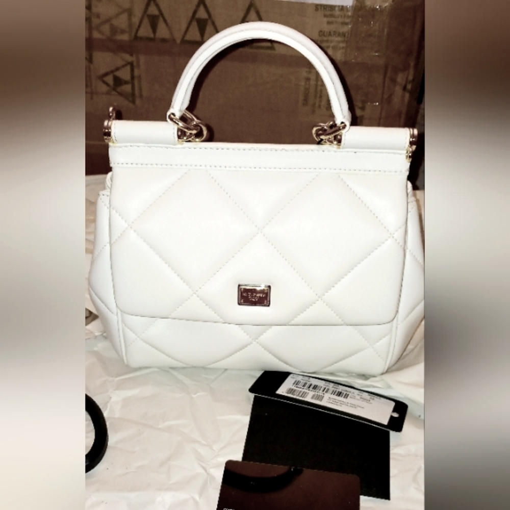 Brand New Dolce And Gabbana Mini Sicily Quilted Leather Satchel White